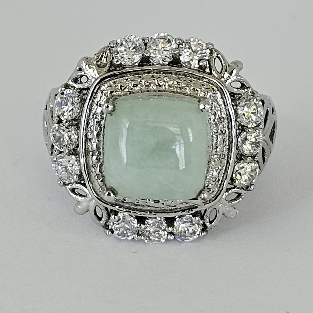 Gorgeous Jade & White Zircon in Platinum over Stainless Steel! Size 6!
